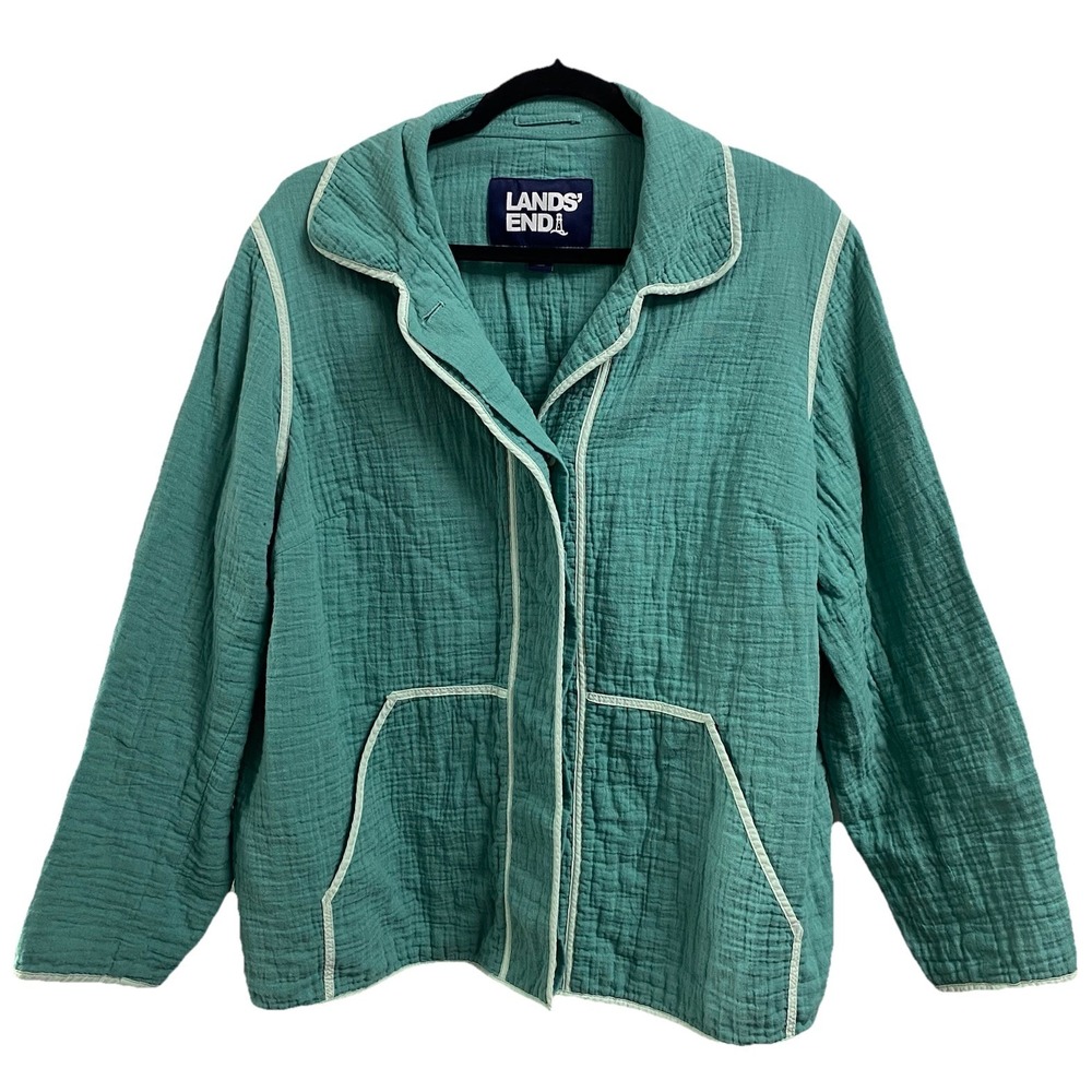 Lands End Womens Seafoam Green Quilted Blazer Cotton Jacket Pockets Sz.1X (16-18